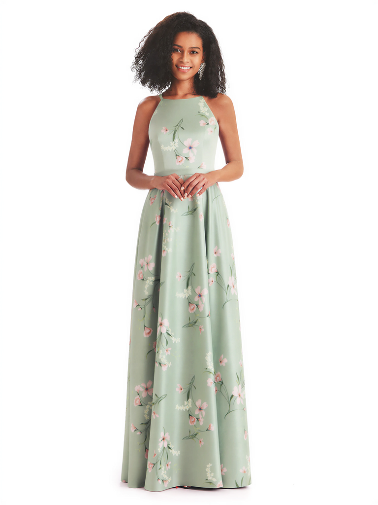 Sexy Spaghetti Straps A-line Long Satin Floral Formal Dresses For Women