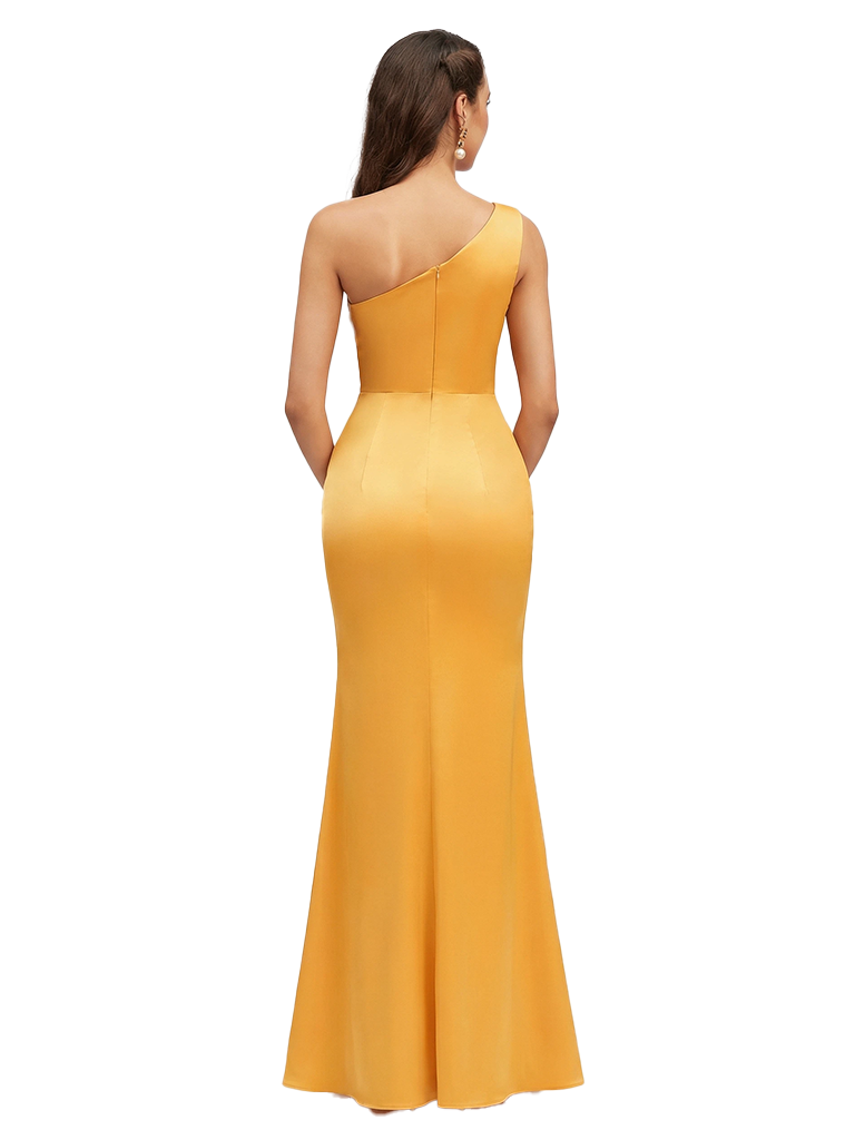 Sexy One Shoulder Side Slit Ruched Silky Satin Mermaid Maxi Formal Dressing For Women