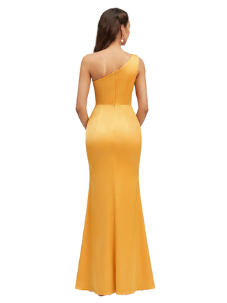 Sexy One Shoulder Side Slit Ruched Silky Satin Mermaid Maxi Formal Dressing For Women