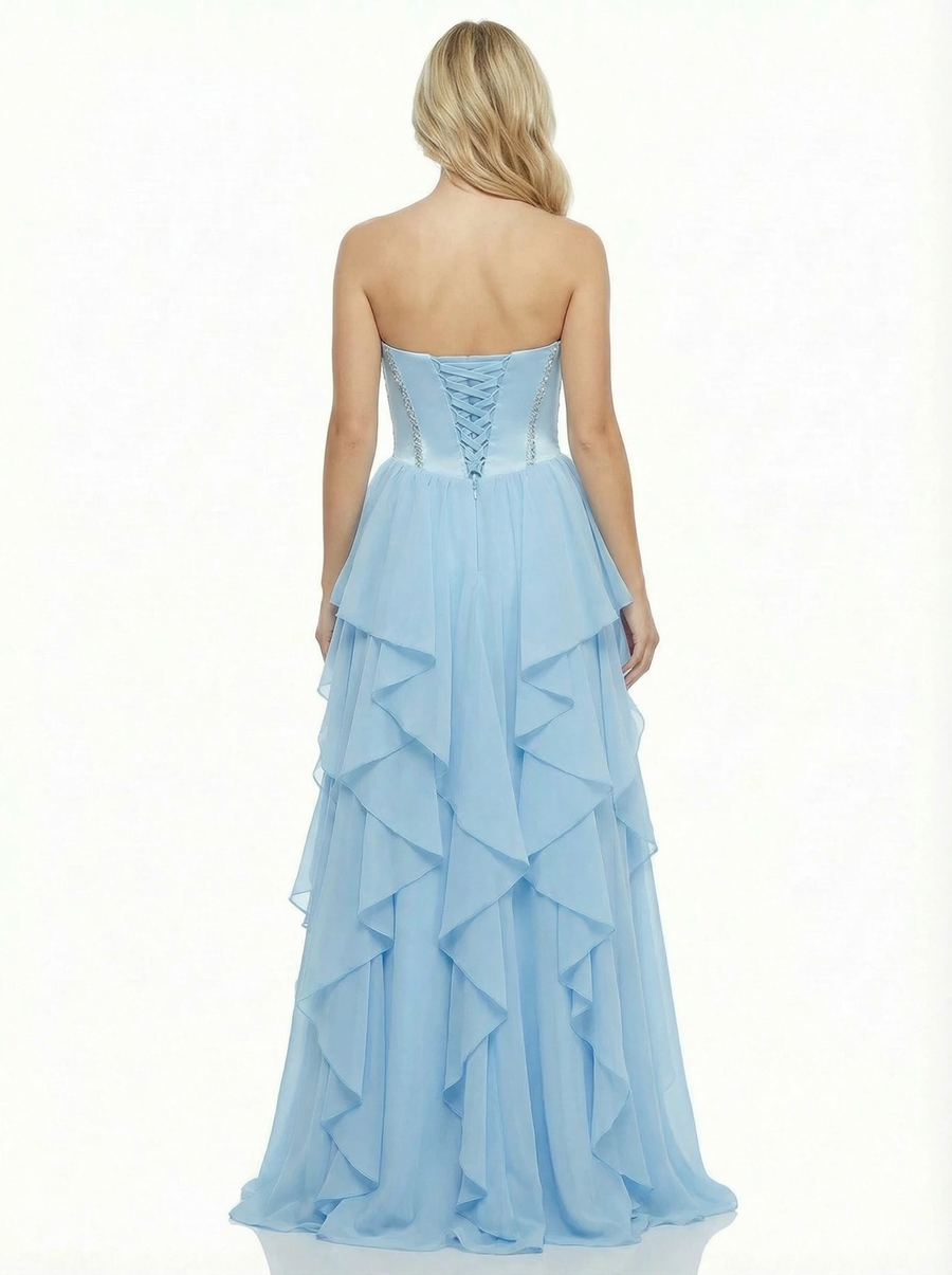 Cute Sweetheart Ruffles Side Slit A-Line Corset Beaded Long Party Prom Dresses