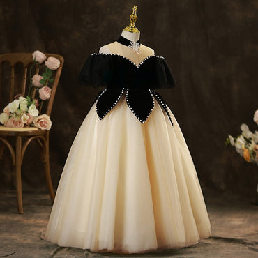 Flower Girls Velvet Top A-line Luxury Princess Gown for Wedding Kids Dress