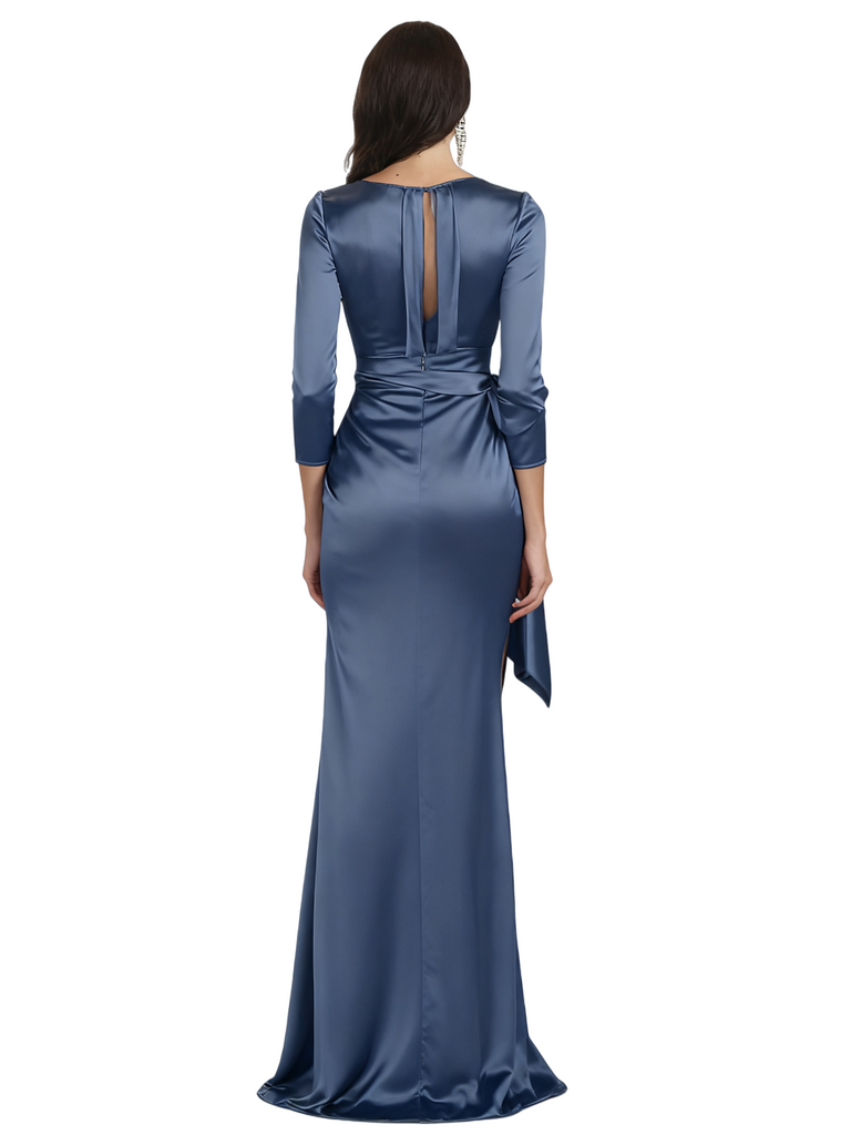 Elegant Cowl Neck Mermaid 3/4 Sleeves Satin Long Mother of The Bride Formal Gowns