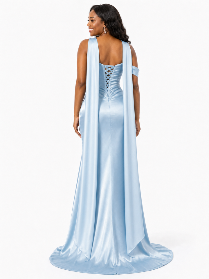 ChicSew Fancy Off Shoulder Side Slit Ruched Boning Mermaid Soft Satin Long Bridesmaid Dresses