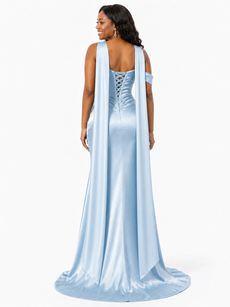 ChicSew Fancy Off Shoulder Side Slit Ruched Boning Mermaid Soft Satin Long Bridesmaid Dresses