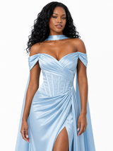 ChicSew Fancy Off Shoulder Side Slit Ruched Boning Mermaid Soft Satin Long Bridesmaid Dresses