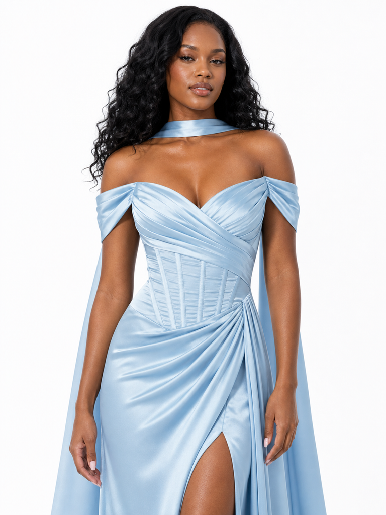 ChicSew Fancy Off Shoulder Side Slit Ruched Boning Mermaid Soft Satin Long Bridesmaid Dresses
