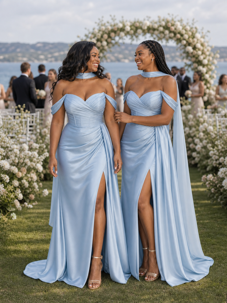 ChicSew Fancy Off Shoulder Side Slit Ruched Boning Mermaid Soft Satin Long Bridesmaid Dresses
