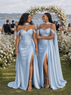 ChicSew Fancy Off Shoulder Side Slit Ruched Boning Mermaid Soft Satin Long Bridesmaid Dresses