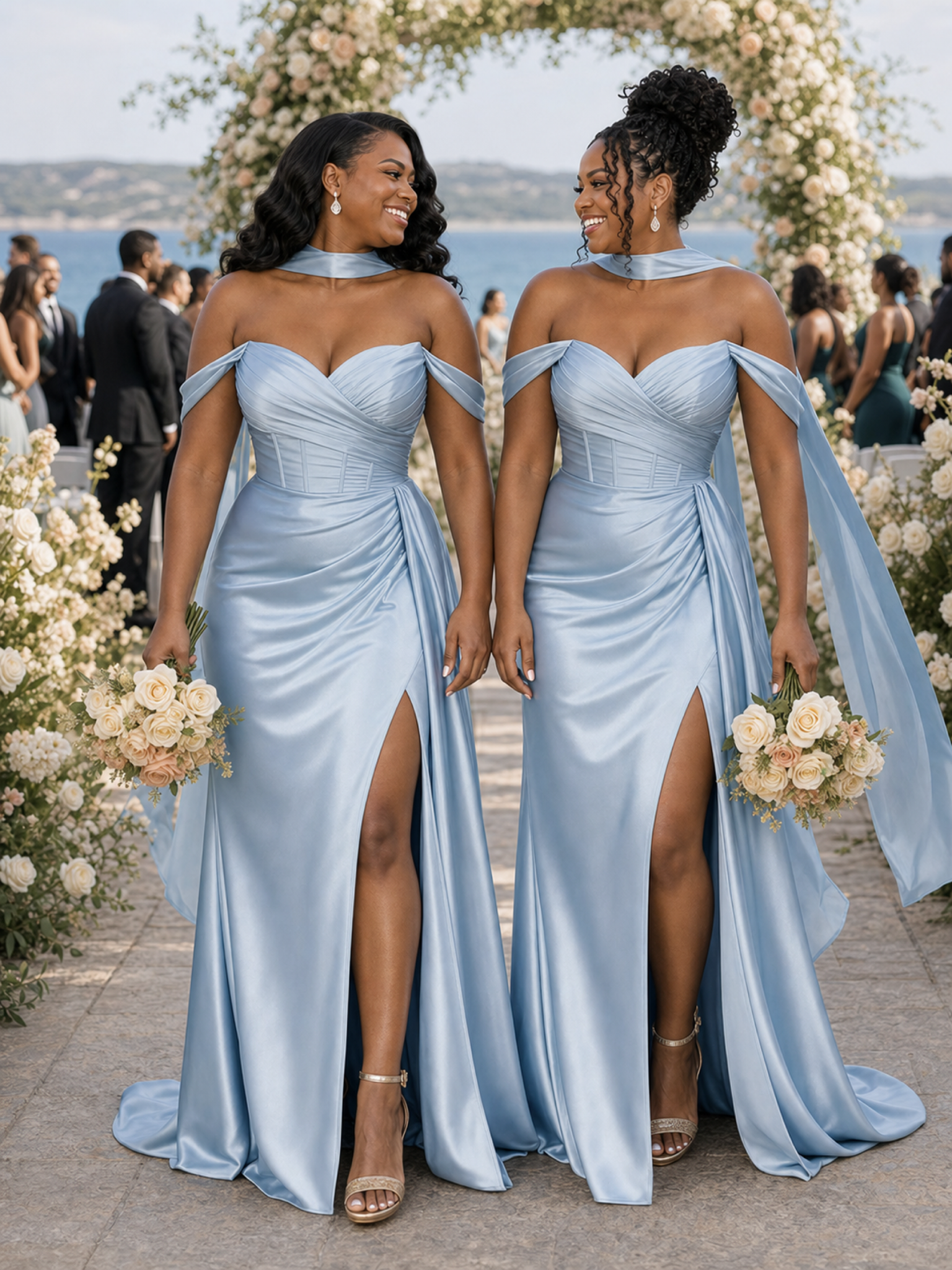 ChicSew Fancy Off Shoulder Side Slit Ruched Boning Mermaid Soft Satin Long Bridesmaid Dresses