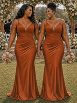 ChicSew Spaghetti Straps V-Neck Ruching Mermaid Soft Satin Long Bridesmaid Dresses