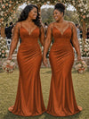 ChicSew Spaghetti Straps V-Neck Ruching Mermaid Soft Satin Long Bridesmaid Dresses