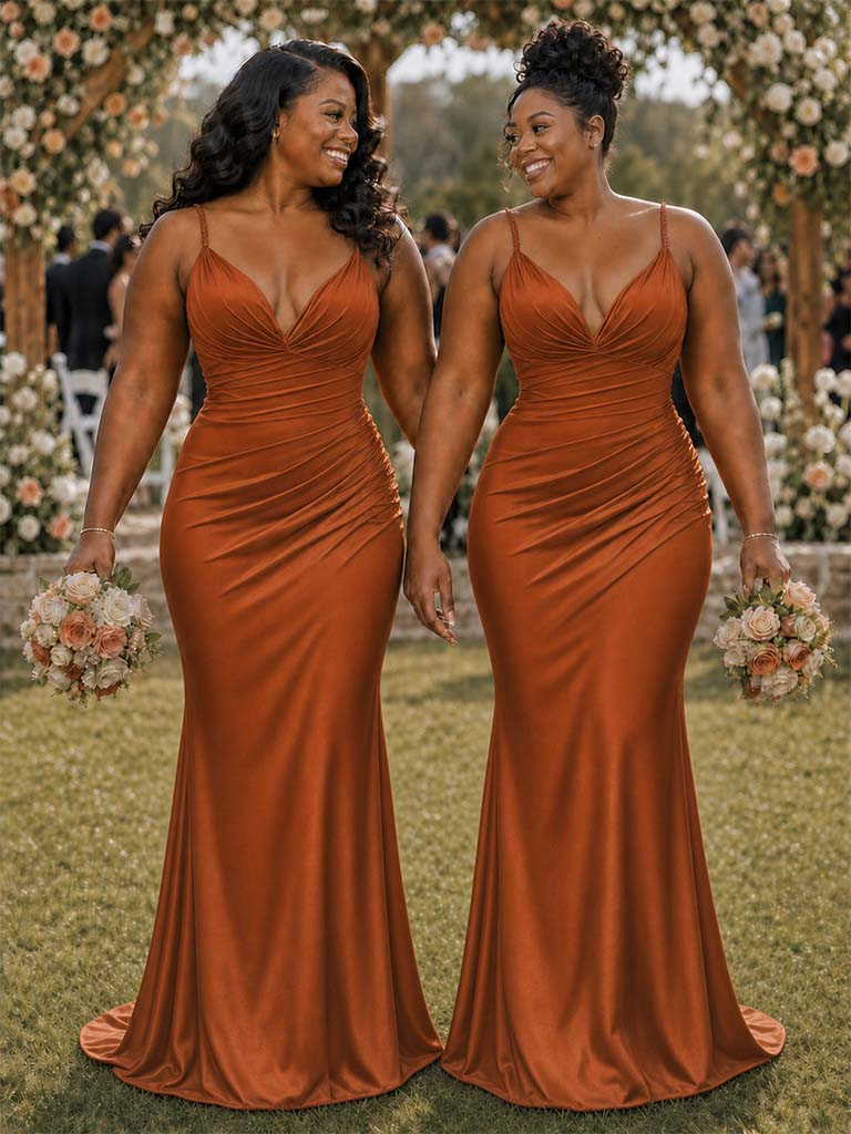 ChicSew Spaghetti Straps V-Neck Ruching Mermaid Soft Satin Long Bridesmaid Dresses