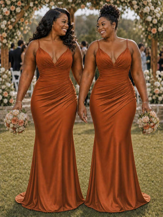ChicSew Spaghetti Straps V-Neck Ruching Mermaid Soft Satin Long Bridesmaid Dresses