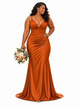 ChicSew Spaghetti Straps V-Neck Ruching Mermaid Soft Satin Long Bridesmaid Dresses