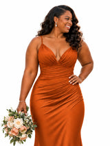 ChicSew Spaghetti Straps V-Neck Ruching Mermaid Soft Satin Long Bridesmaid Dresses
