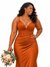 ChicSew Spaghetti Straps V-Neck Ruching Mermaid Soft Satin Long Bridesmaid Dresses