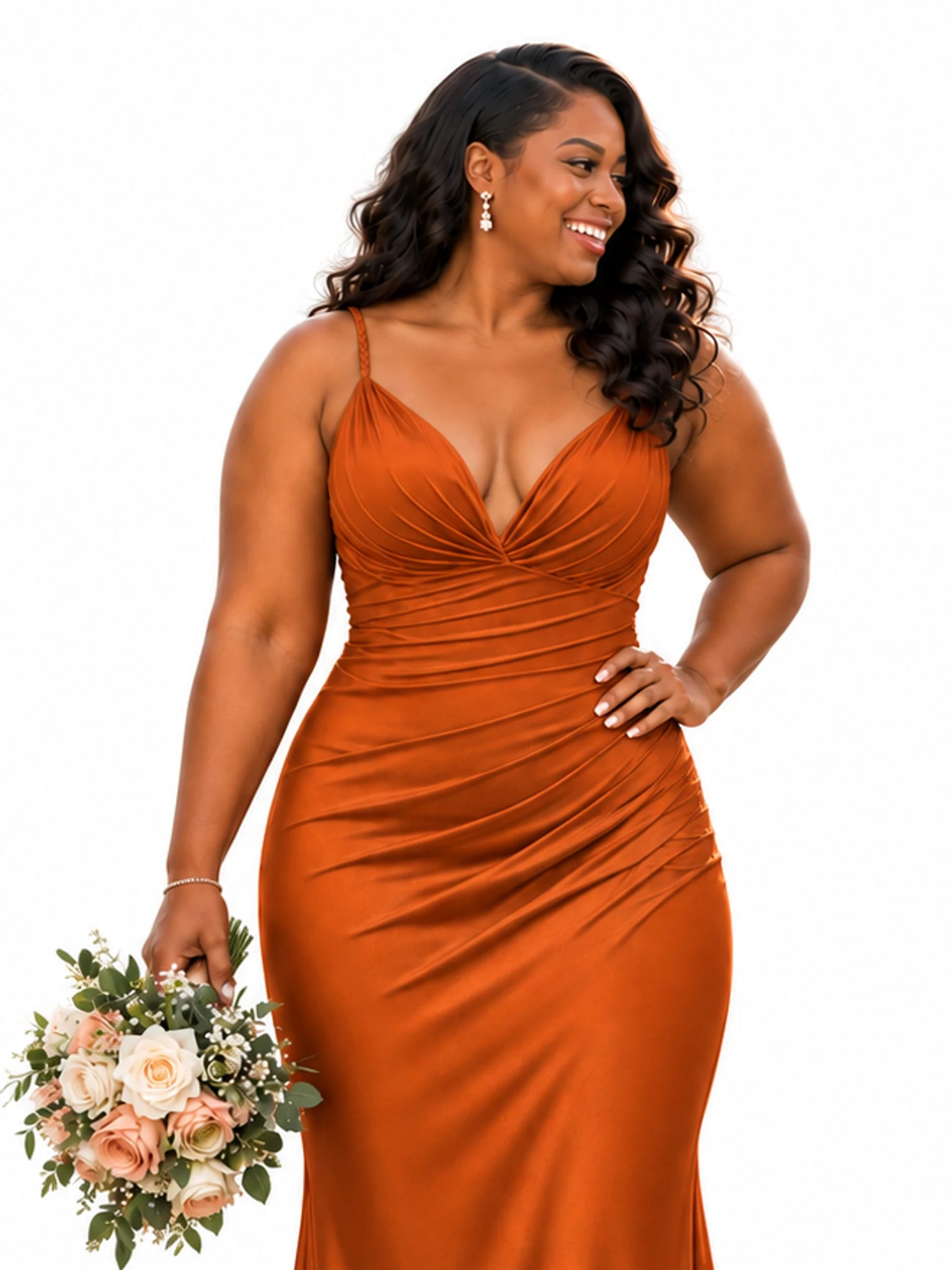 ChicSew Spaghetti Straps V-Neck Ruching Mermaid Soft Satin Long Bridesmaid Dresses