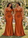 ChicSew Spaghetti Straps V-Neck Ruching Mermaid Soft Satin Long Bridesmaid Dresses