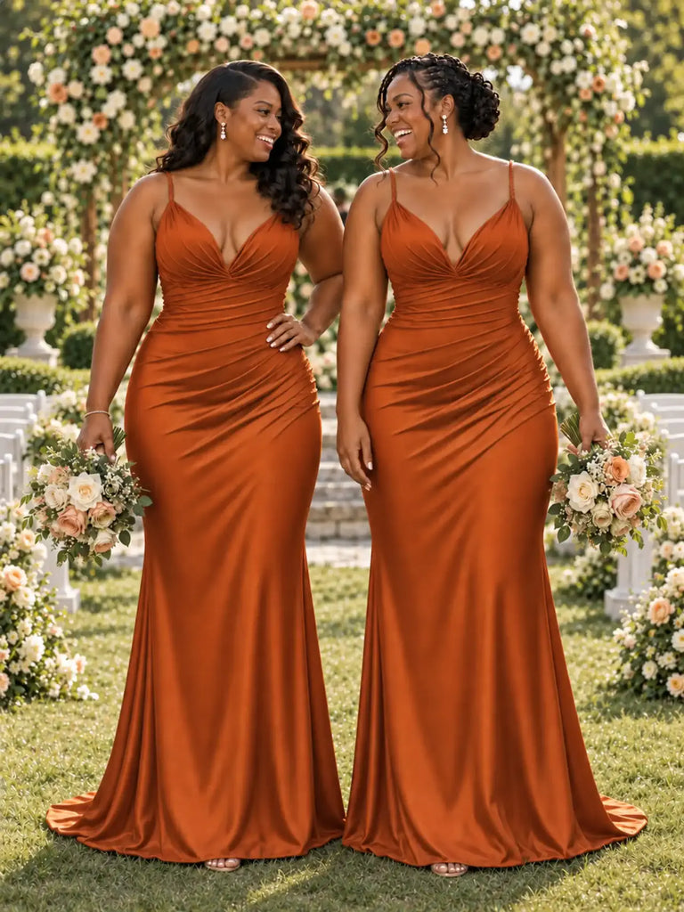 ChicSew Spaghetti Straps V-Neck Ruching Mermaid Soft Satin Long Bridesmaid Dresses