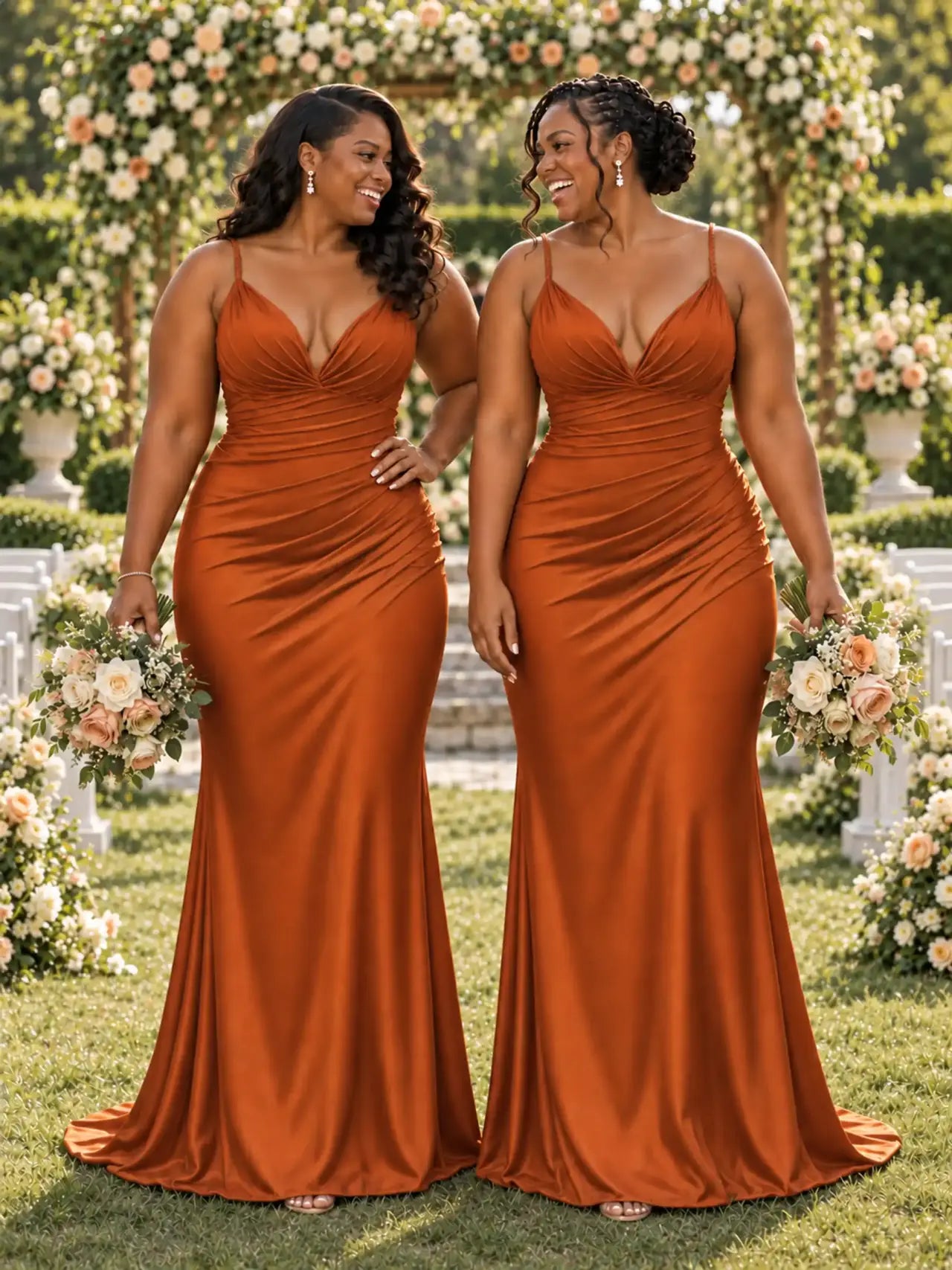ChicSew Spaghetti Straps V-Neck Ruching Mermaid Soft Satin Long Bridesmaid Dresses