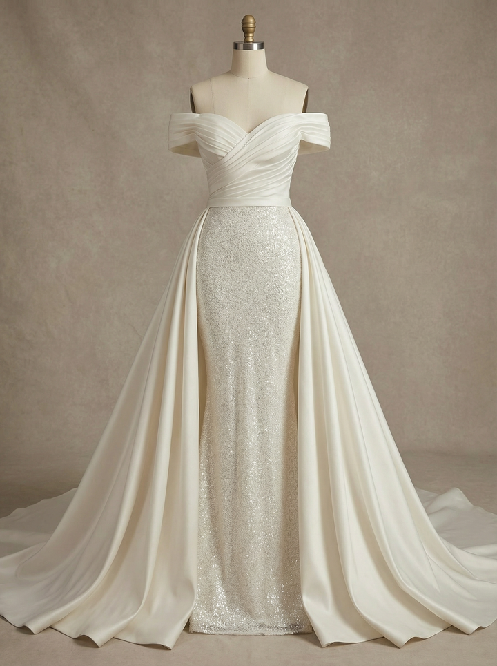 Mermaid Off The Shoulder Lace And Satin Maxi Long Wedding Dresses With Detachable Skirt