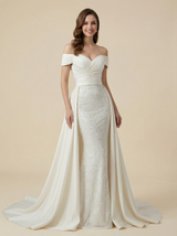 Mermaid Off The Shoulder Lace And Satin Maxi Long Wedding Dresses With Detachable Skirt