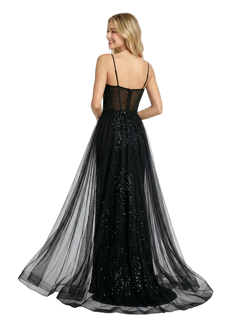 ChicSew Sparkly V-Neck Spaghetti Straps Slit Sequin Mermaid Floor Length Prom Dress Overskirt