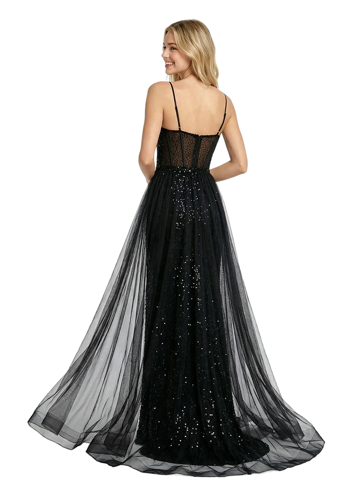 ChicSew Sparkly V-Neck Spaghetti Straps Slit Sequin Mermaid Floor Length Prom Dress Overskirt
