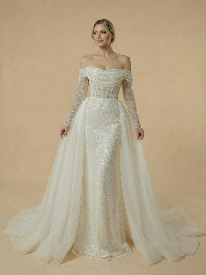 Mermaid Long Sleeves Sequin Lace Maxi Long Wedding Dresses With Detachable Skirt
