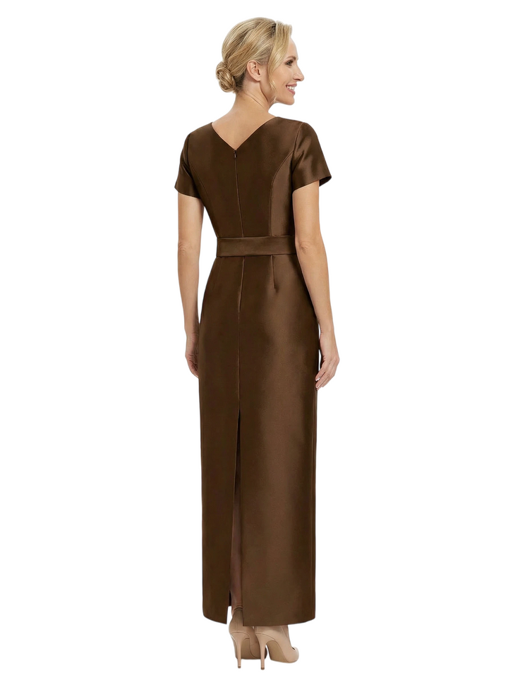 Beautiful Jewel Short Sleeves Satin Bow Knot Slit Sheath Mother Of The Bride Dresses