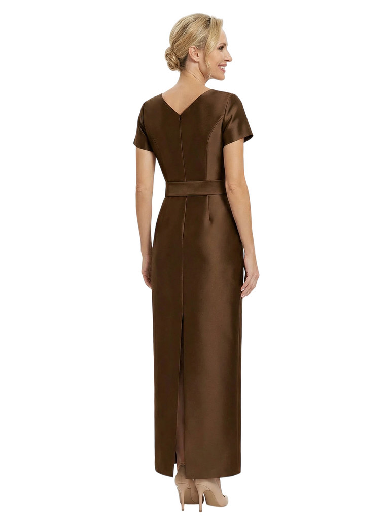 Beautiful Jewel Short Sleeves Satin Bow Knot Slit Sheath Mother Of The Bride Dresses