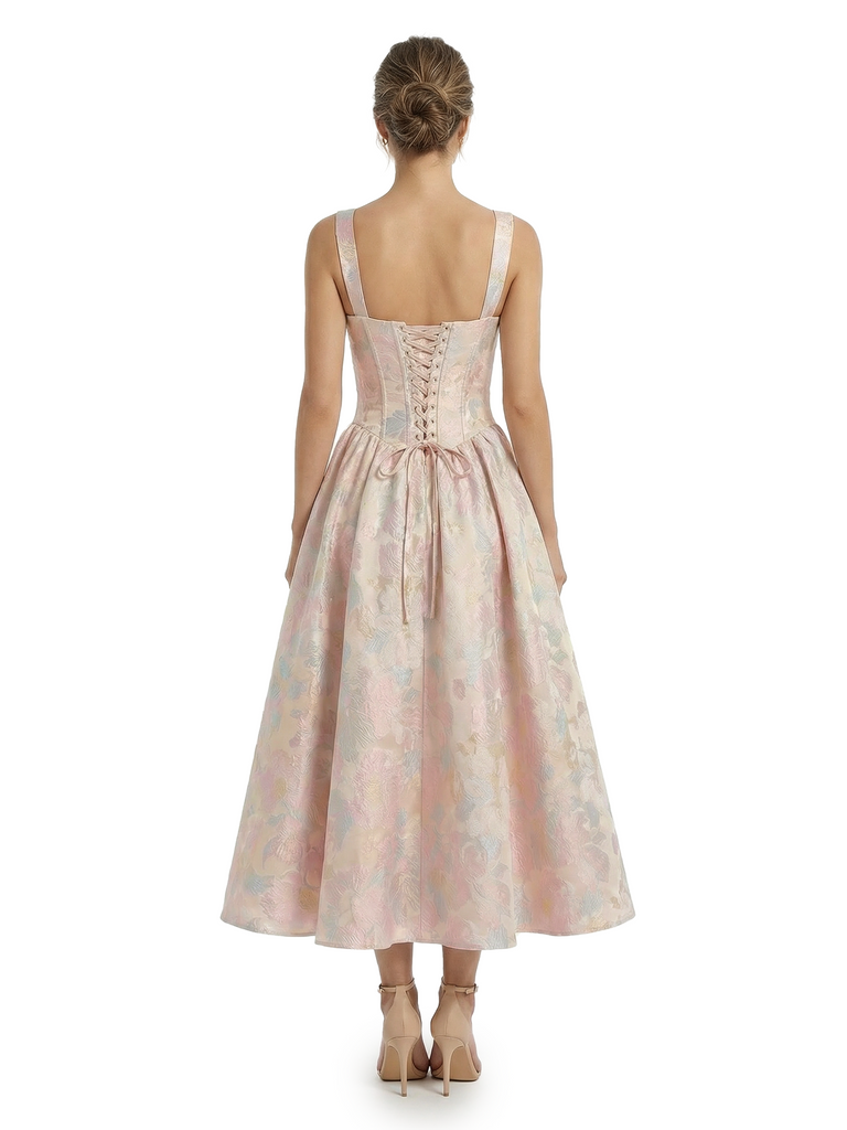 ChicSew Beautiful Jacquard Satin Square Neck A-Line Boning Midi Evening Formal Dresses