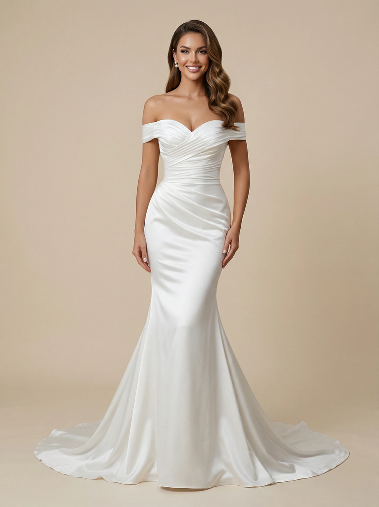 Mermaid Off Shoulder Maxi Long Satin Wedding Dresses Online