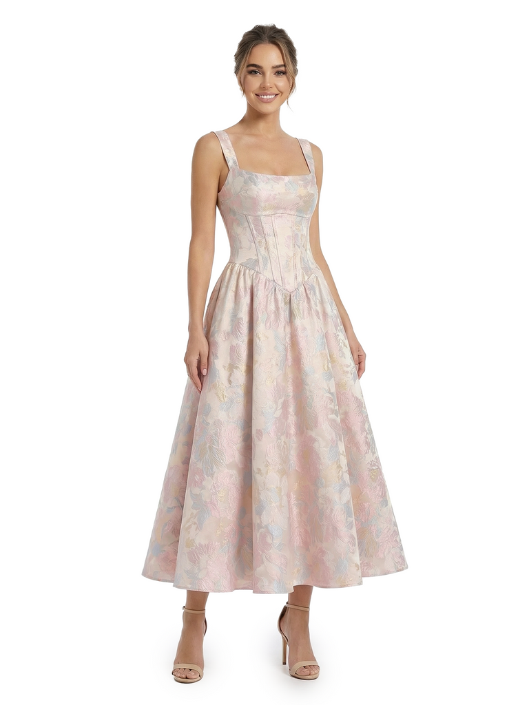 ChicSew Beautiful Jacquard Satin Square Neck A-Line Boning Midi Evening Formal Dresses