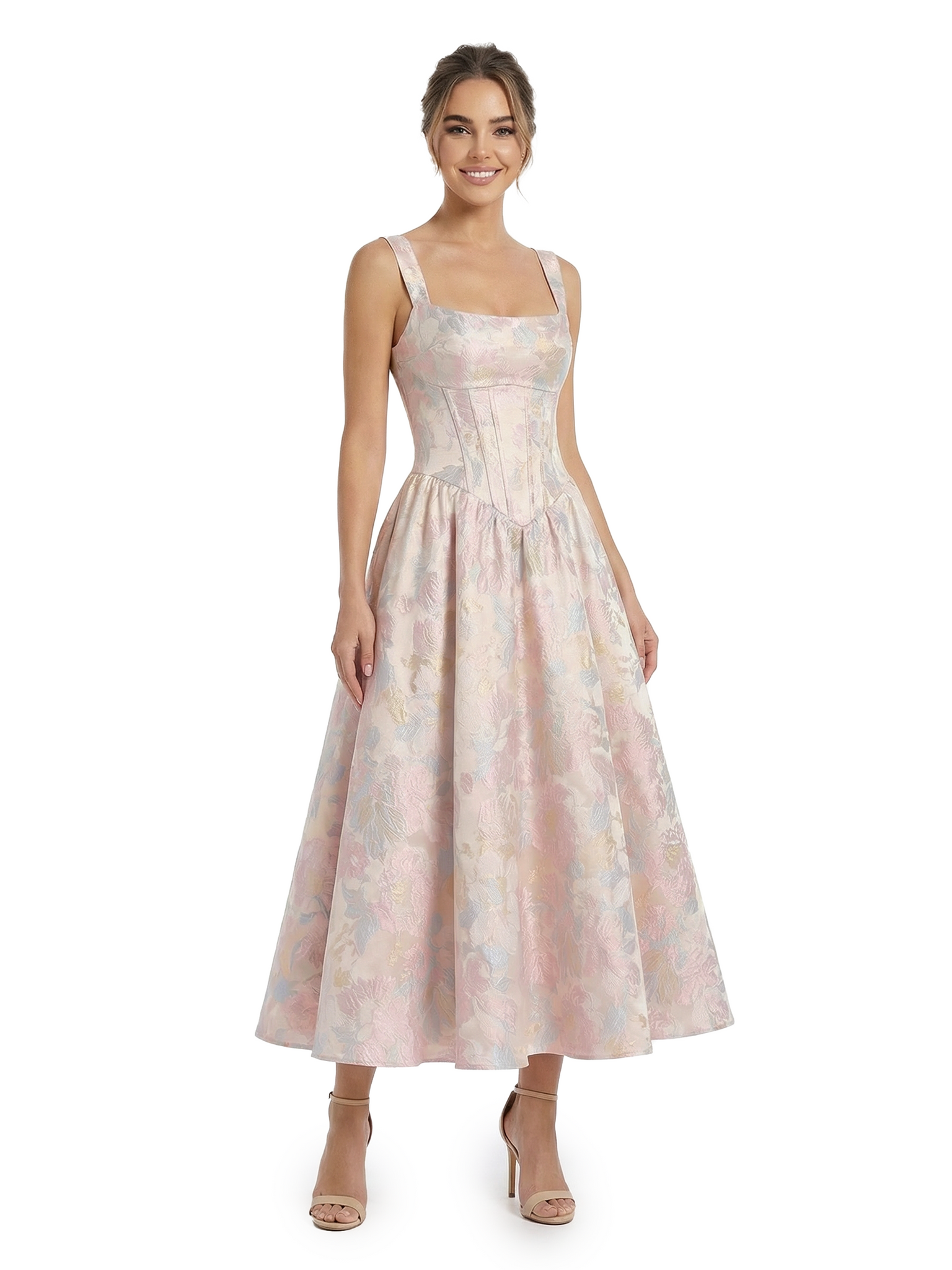 ChicSew Beautiful Jacquard Satin Square Neck A-Line Boning Midi Evening Formal Dresses