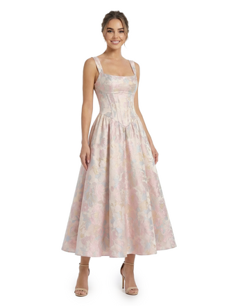 ChicSew Beautiful Jacquard Satin Square Neck A-Line Boning Midi Evening Formal Dresses