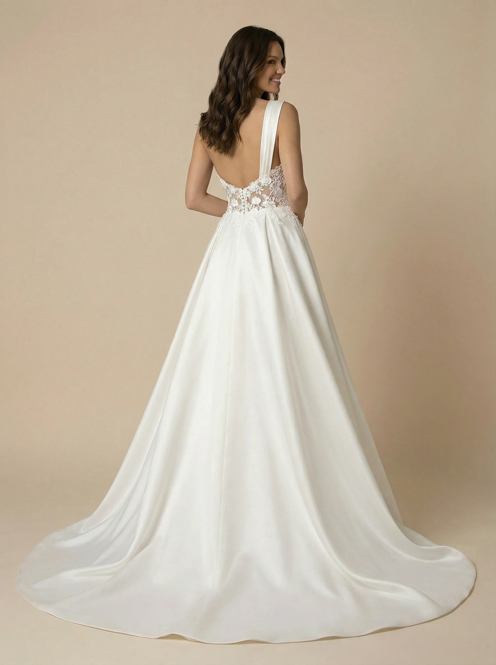 A-line One Shoulder Maxi Long Lace Appliques Satin Wedding Dresses Online