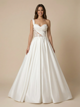 A-line One Shoulder Maxi Long Lace Appliques Satin Wedding Dresses Online