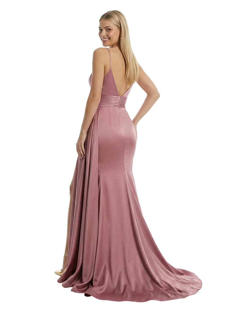 Sexy Satin Mermaid Formal Gown Spaghetti Straps V-Neck Side Slit Prom Dress With Waist Drape