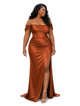 ChicSew Off Shoulder Ruching Side Slit Mermaid Soft Satin Floor-Length Bridesmaid Dresses