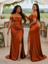 ChicSew Off Shoulder Ruching Side Slit Mermaid Soft Satin Floor-Length Bridesmaid Dresses