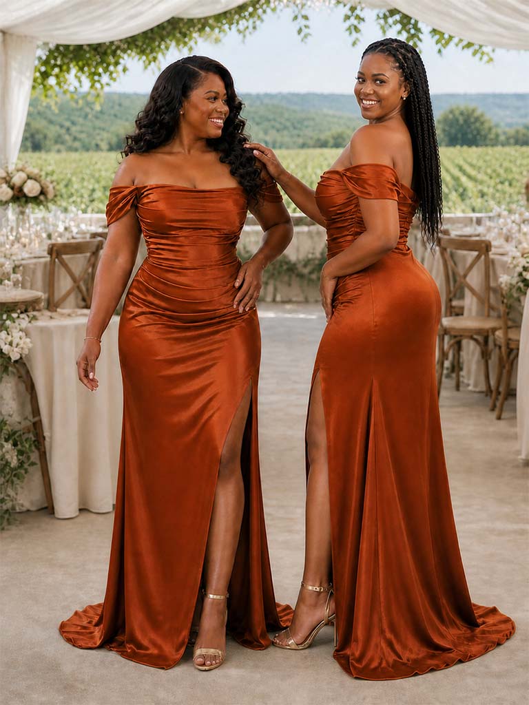 ChicSew Off Shoulder Ruching Side Slit Mermaid Soft Satin Floor-Length Bridesmaid Dresses
