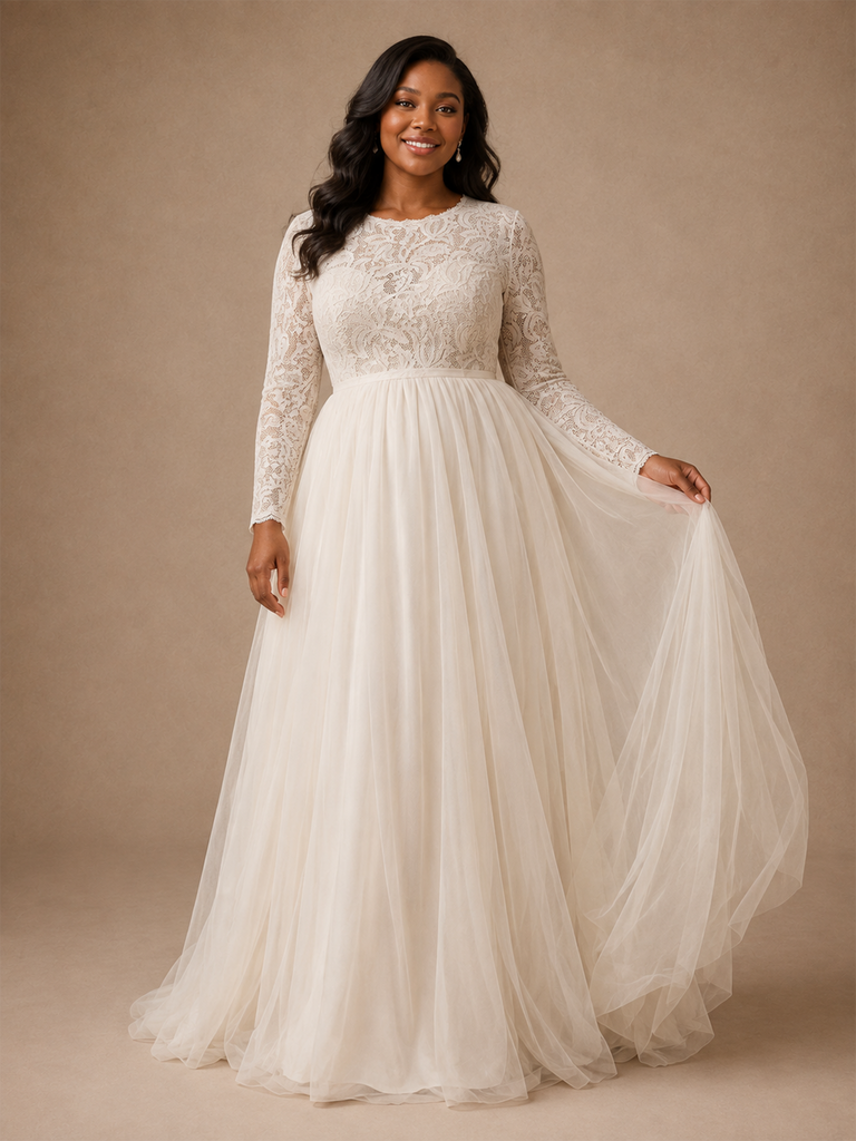 ChicSew Elegant Jewel Long Sleeves A-Line Lace Appliques Tulle Maxi Wedding Dress