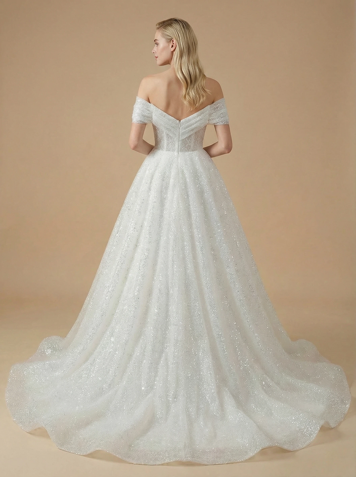 A-Line Off Shoulder Sequin Maxi Long Satin Wedding Dresses Online