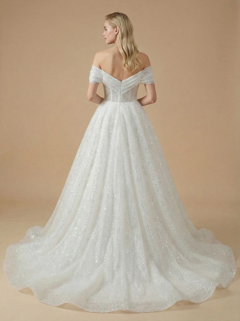 A-Line Off Shoulder Sequin Maxi Long Satin Wedding Dresses Online