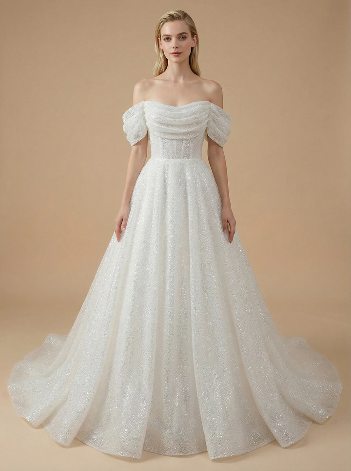 A-Line Off Shoulder Sequin Maxi Long Satin Wedding Dresses Online