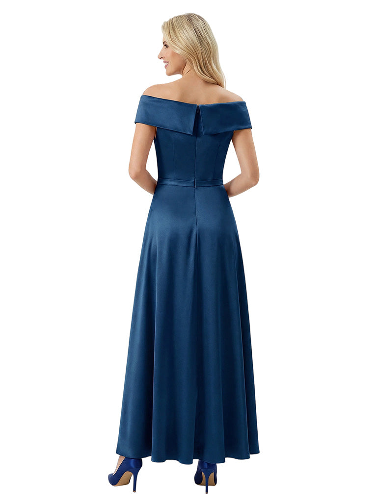 Elegant Off Shoulder A-Line Satin Mother of The Bride Dress With Pleated Crisscross Top