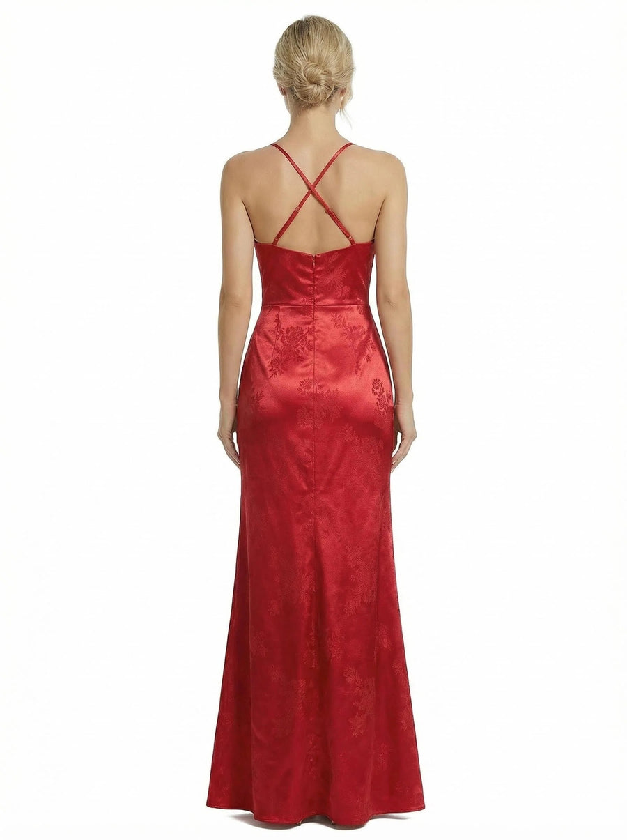 ChicSew Formal Dresses For Women Elegant Jacquard Satin Spaghetti Straps Side Slit Mermaid Long Formal Evening Dresses