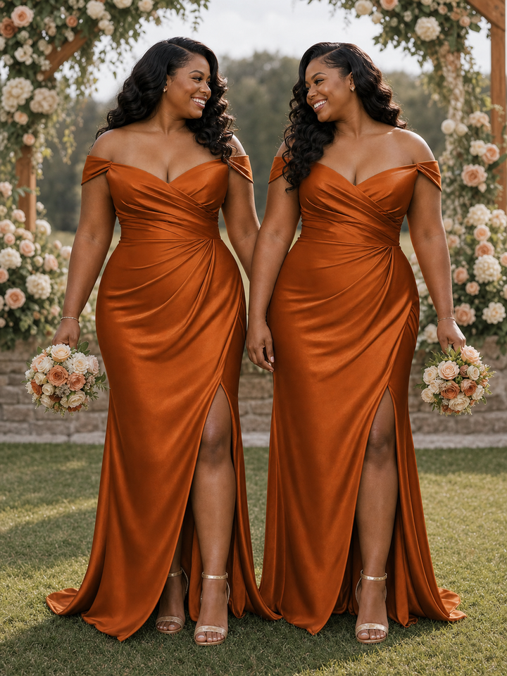 ChicSew Elegant V-Neck Off Shoulder Ruching Side Slit Soft Satin Mermaid Floor-Length Bridesmaid Dresses
