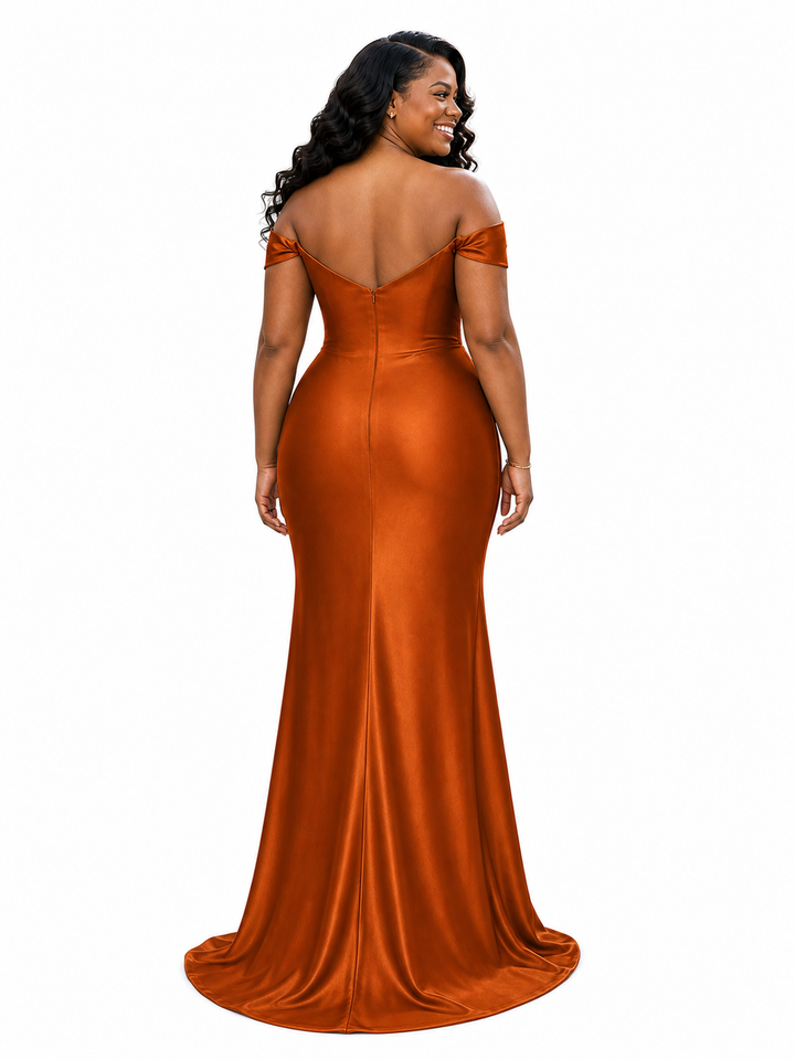ChicSew Elegant V-Neck Off Shoulder Ruching Side Slit Soft Satin Mermaid Floor-Length Bridesmaid Dresses